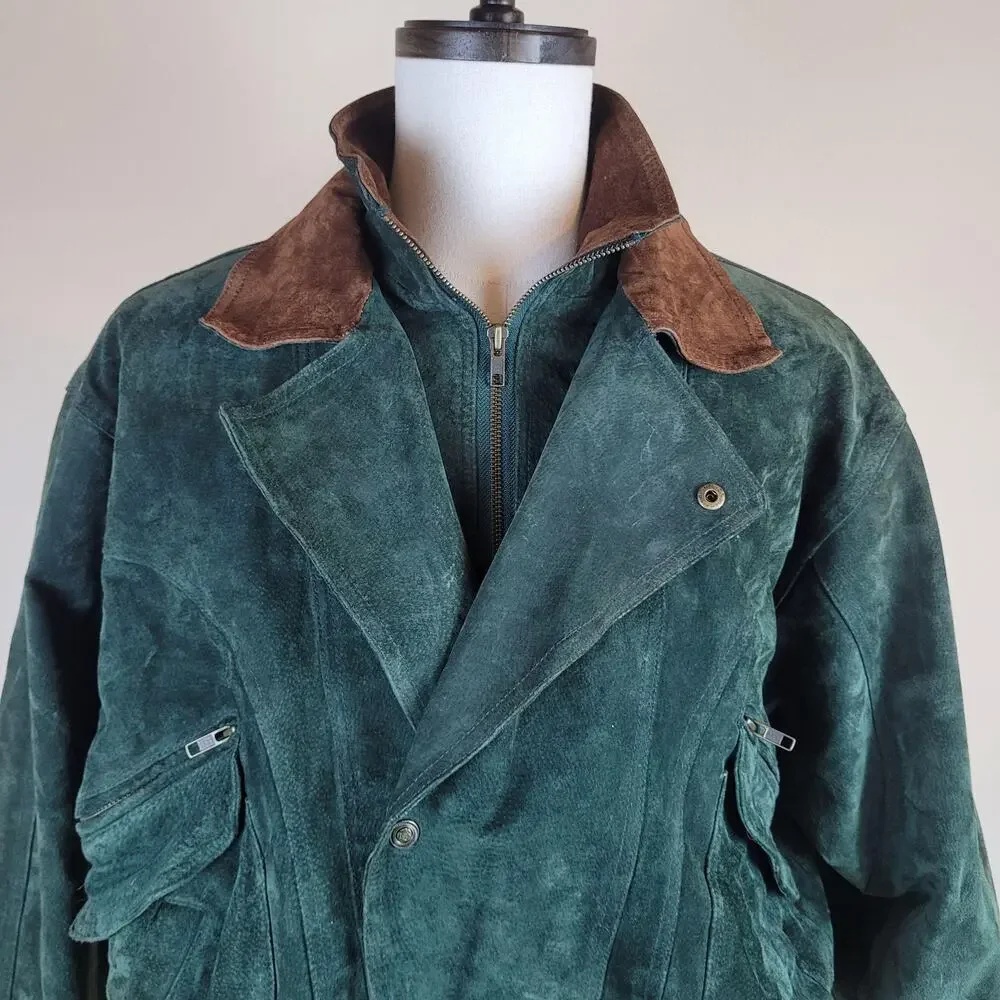 Vintage Green Suede Jacket Men Small Bomber Leather Trim Zip 90s Double Breasted